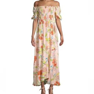 For The Republic Womens Size L Pink Floral Maxi Dress Smocked Off The Shoulder